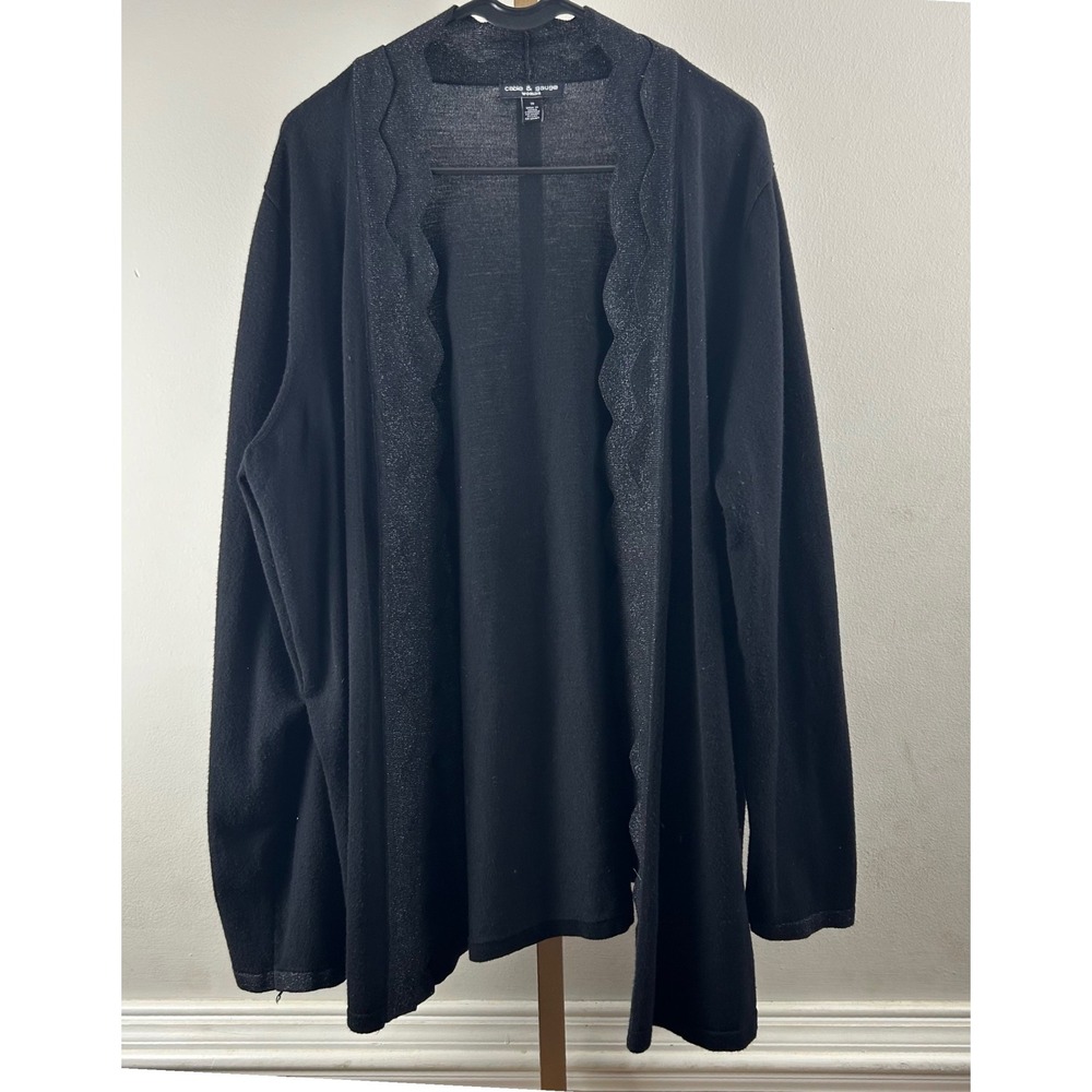 Cable & Gauge Cardigan Women 1X Black Scalloped Metallic Trim Open Front Holiday